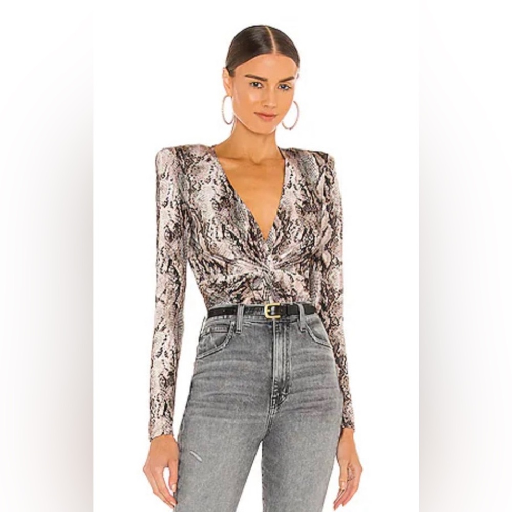 L'AGENCE Alexis Twist Front Bodysuit in Natural Brown Python Formal Sz S